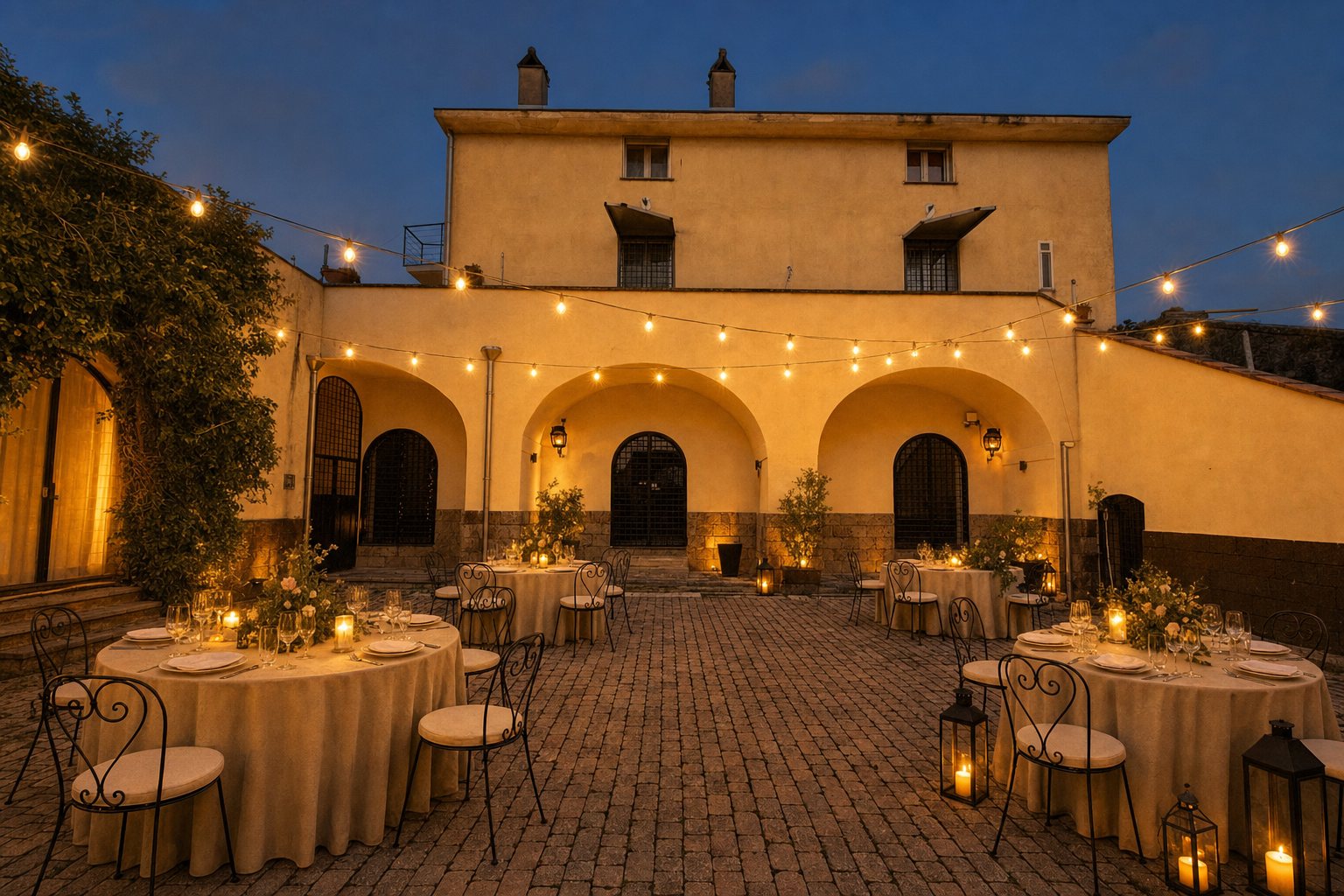 Un cortile della villa illuminato la sera con archi e lanterne, pronto per un evento